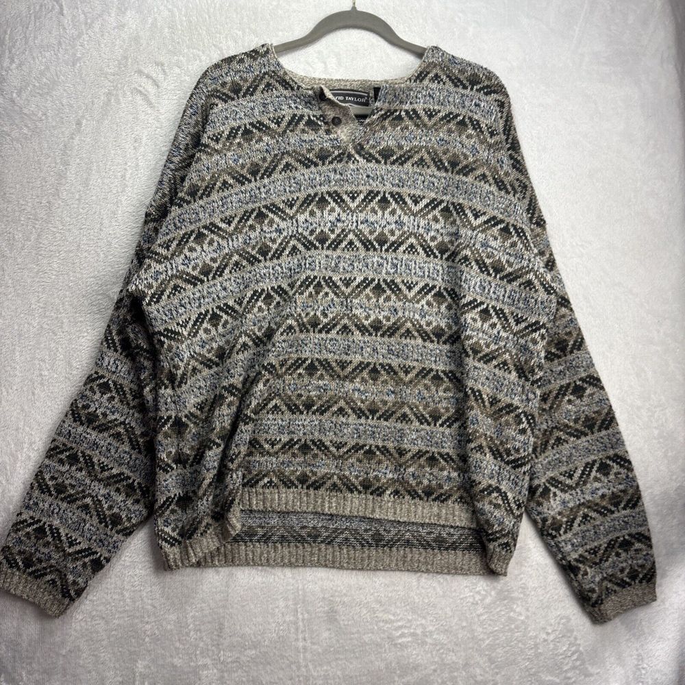 Vtg 90s Streetwear David Taylor Mens XLT  Ribbed Knit Sweater Beige USA